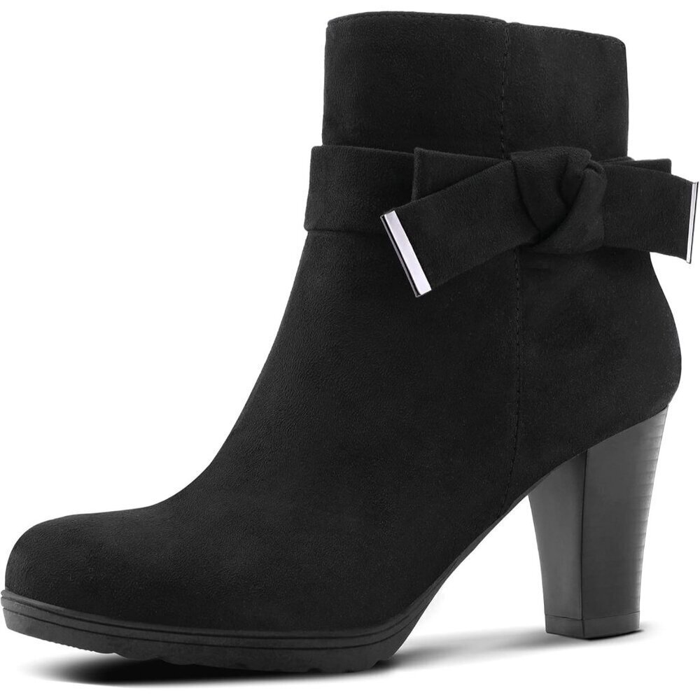 Women's Black Bow Suede Booties Chunky Stacked Heel Zipper Ankle Boots